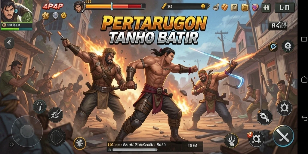 Screenshot 4P4P menampilkan pertarungan epik antara karakter di arena.