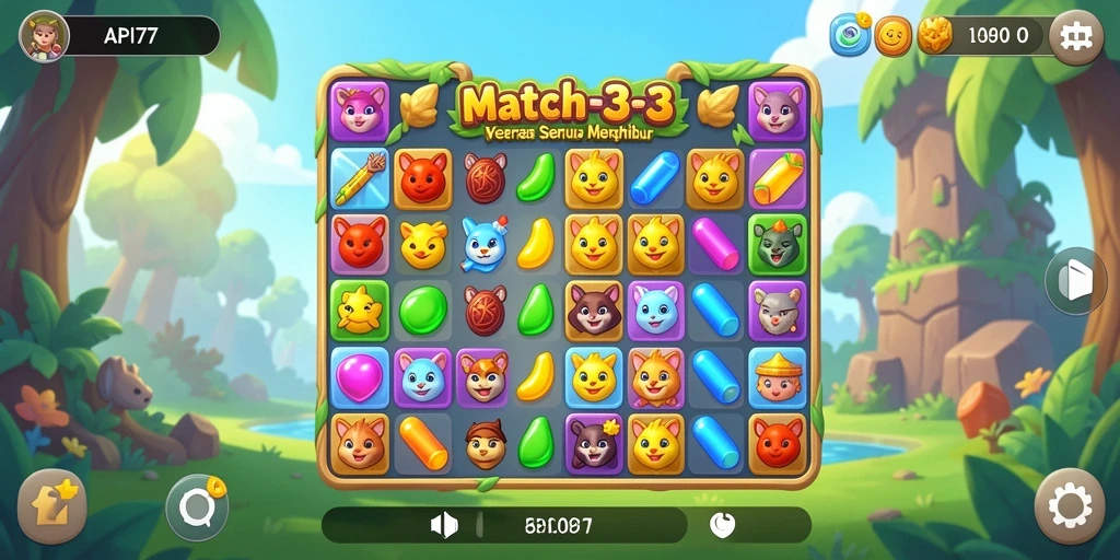 Screenshot menunjukkan gameplay seru di API77 dengan berbagai kombinasi Match-3.