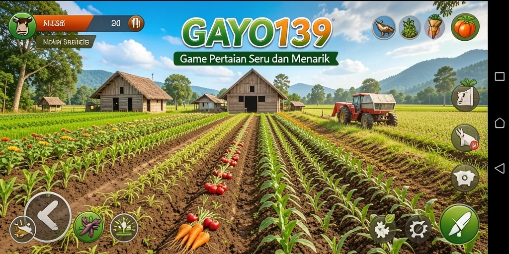 Screenshot gameplay GAYO138 yang menampilkan kebun yang subur dan tanaman yang siap panen.