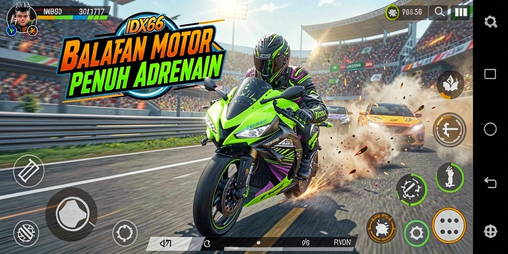 Gameplay mendebarkan dalam balapan motor penuh kecepatan.