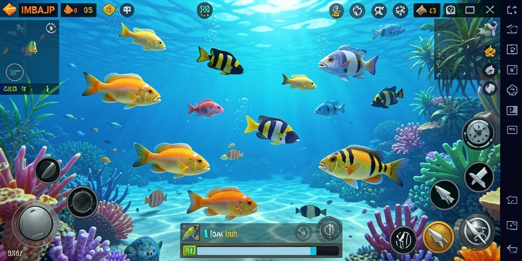 Gameplay seru Tembak Ikan di IMBAJP dengan berbagai ikan berbeda.