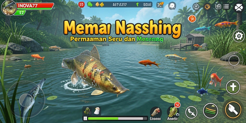 Screenshot utama INOVA77 menampilkan aksi memancing yang seru.