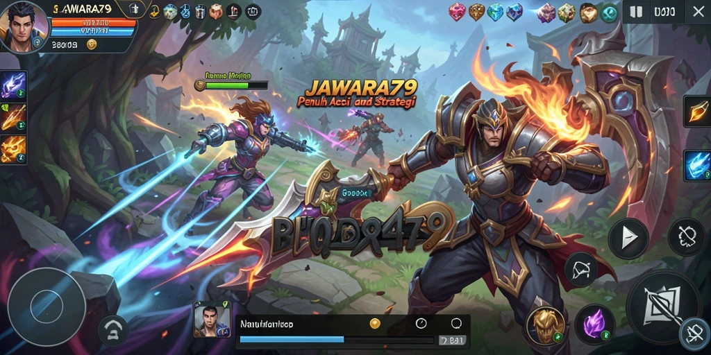 Screenshot menampilkan aksi gameplay seru JAWARA79 di arena MOBA.
