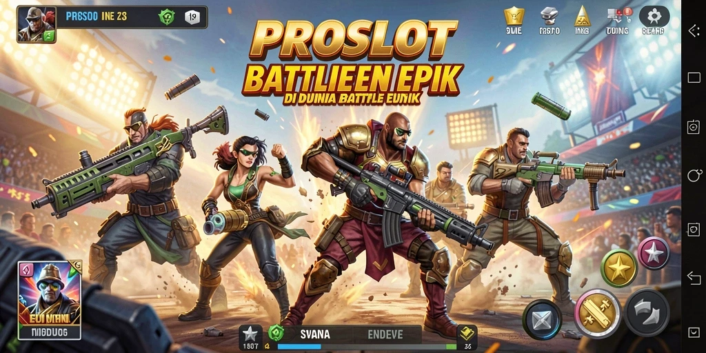 Tampilan gameplay PROSLOT dengan aksi pertarungan Battle Royale yang mendebarkan.