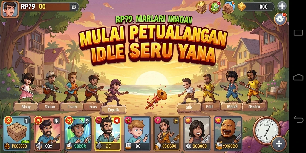 Tangkapan layar utama RP79 menampilkan aksi gameplay Idle yang menarik dan strategis.