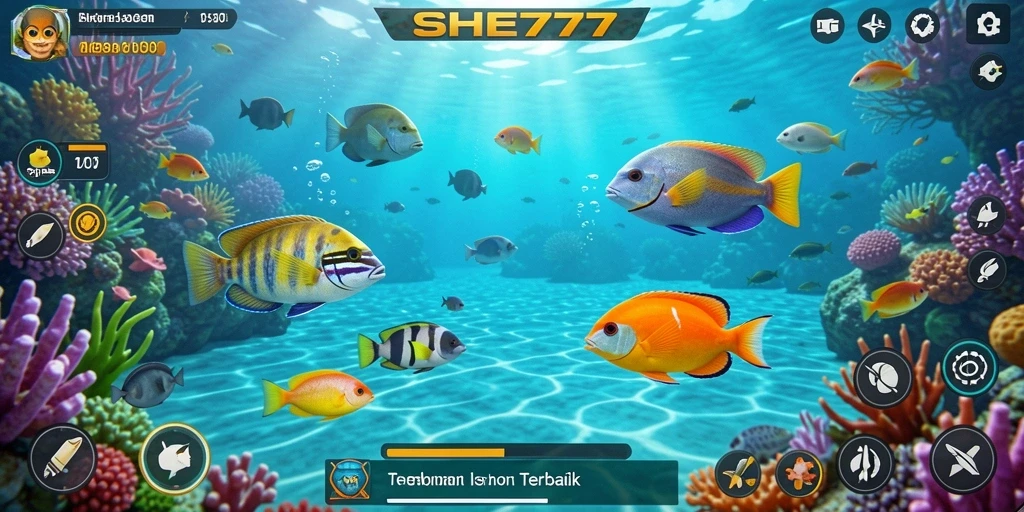 Screenshot gameplay SHE777 menampilkan aksi tembak ikan yang seru.