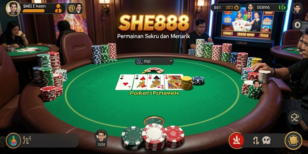 Screenshot permainan poker di SHE888 menampilkan aksi seru dan strategi cerdas.
